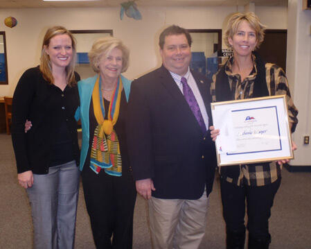 From left to right: Liz James, Humanities Texas coordinator of educational programs; Elinor Donnell, Humanities Texas board member; Congressman Blake Farenthold; and award winner Melanie Mayer.