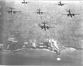U.S. Ninth Air Force A-20 Havoc fighter-bombers over Pointe du Hoc prior to D-Day. Photo courtesy of the National Museum of the U.S. Air Force. Bombers over Pointe du Hoc