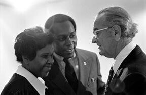 From left to right: Barbara Jordan, Vernon Jordan, and President Lyndon B. Johnson, December 12, 1972. LBJ Library photo by Frank Wolfe.