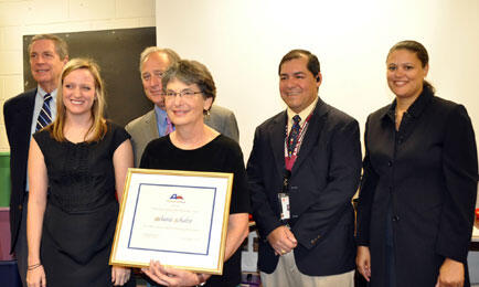 From left to right: HTx Executive Director Michael L. Gillette, Coordinator of Educational Programs Liz Bohman Barger, State Senator Kirk Watson, Melanie Schulze, Austin High School Principal Dr. Lucio Calzada, and AISD Superintendent Meria Carstarphen.