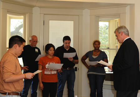 James. N. Loehlin and teachers perform Shakespeare as part of the primary source workshops.