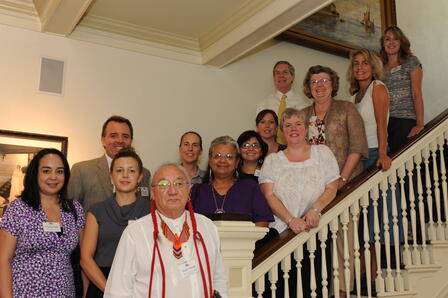 Clockwise, from top of stairs: Shannon Harris, director of the Museum of the Gulf Coast; Paula Gerstenblatt, coordinator of The Mart Community Project; Sue Soy, development administrator for the Austin Public Library; Jennifer Johnson-Spence, director of the Cooke County Library; Maria Rocha, assistant to Mario Garza; Mario Garza, founder of the Indigenous Cultures Institute; Cristina Ballí, associate director of Texas Folklife; Brook Davis, HTX grants program officer; Eric Lupfer, HTX director of grants and education; Evelyn Montgomery, curator of exhibits and collections at the Dallas Heritage Village; Maggie Rivas-Rodriguez, associate professor of journalism at The University of Texas at Austin; Sue Prudhomme, director of the Museum of the Coastal Bend at Victoria College; and Michael L. Gillette, HTX executive director. Self-Assessment visitors